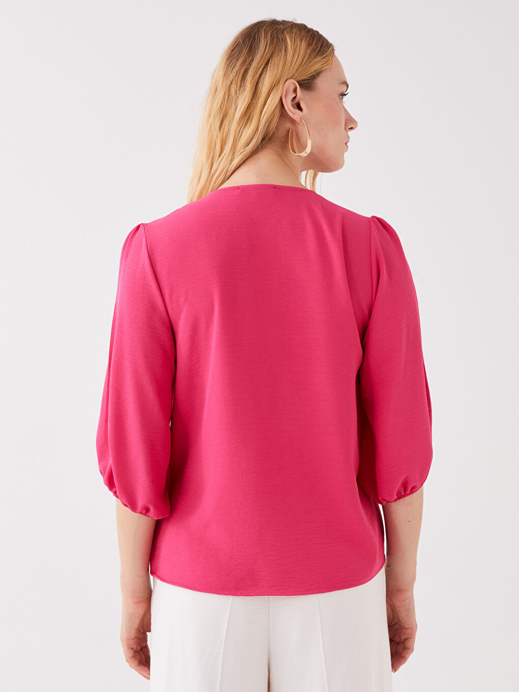 Fuşya Kadın V Yaka Düz Bluz-4