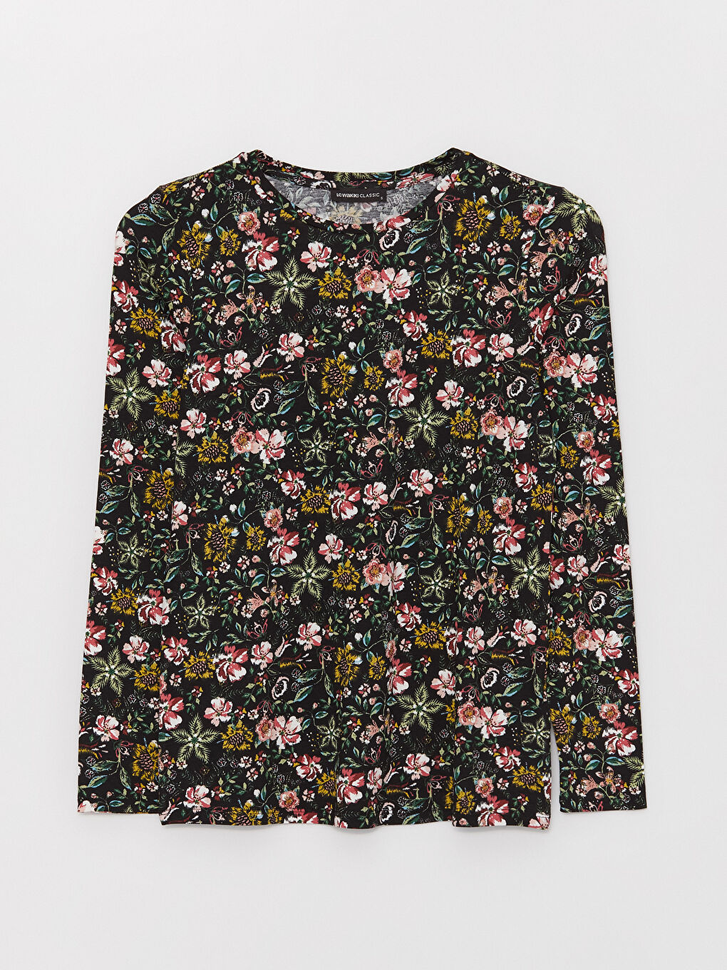 Siyah Bisiklet Yaka Çiçekli Uzun Kollu Kadın Bluz-5