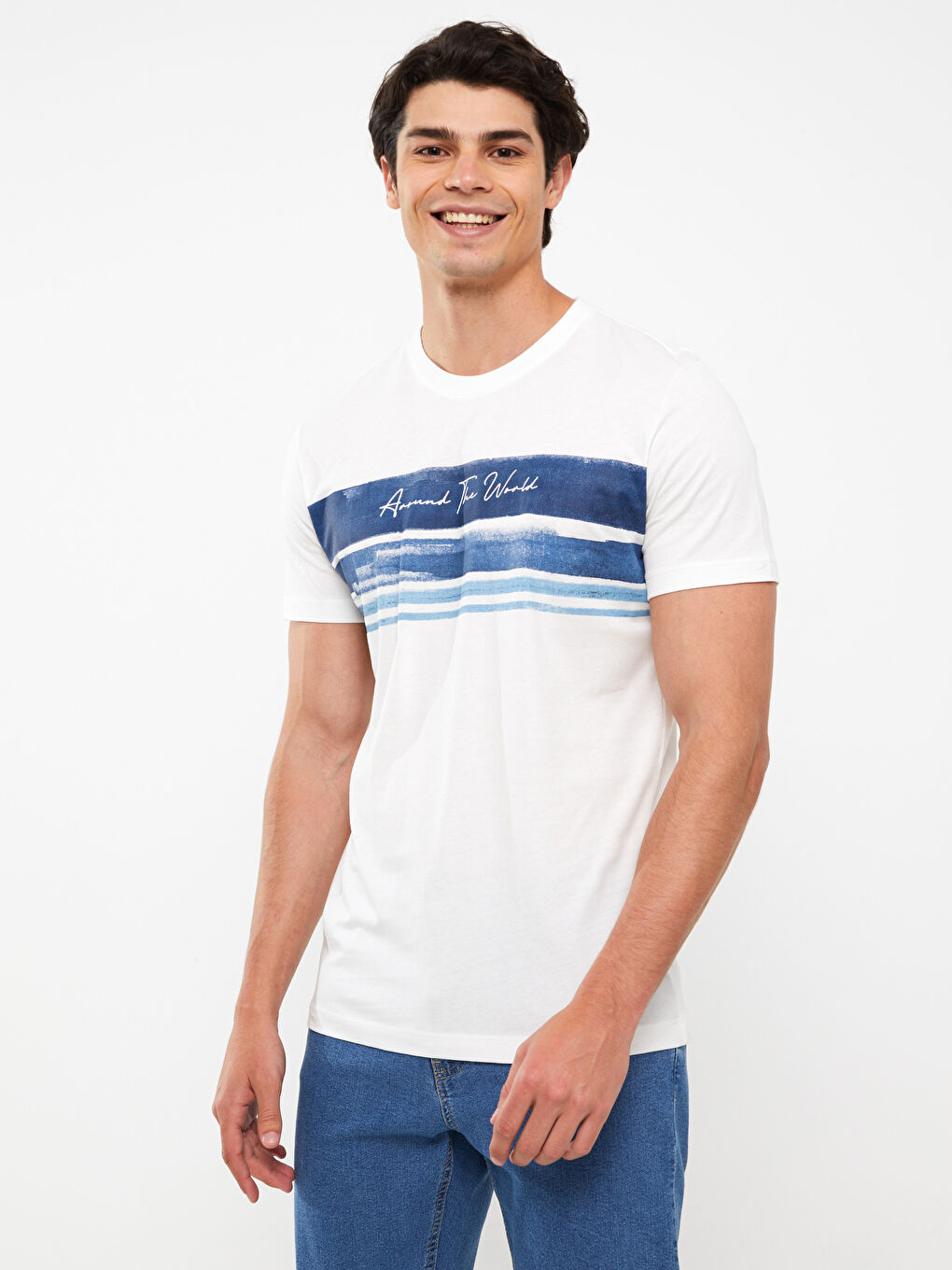 Beyaz Bisiklet Yaka Kısa Kollu Baskılı Penye Erkek Tişört