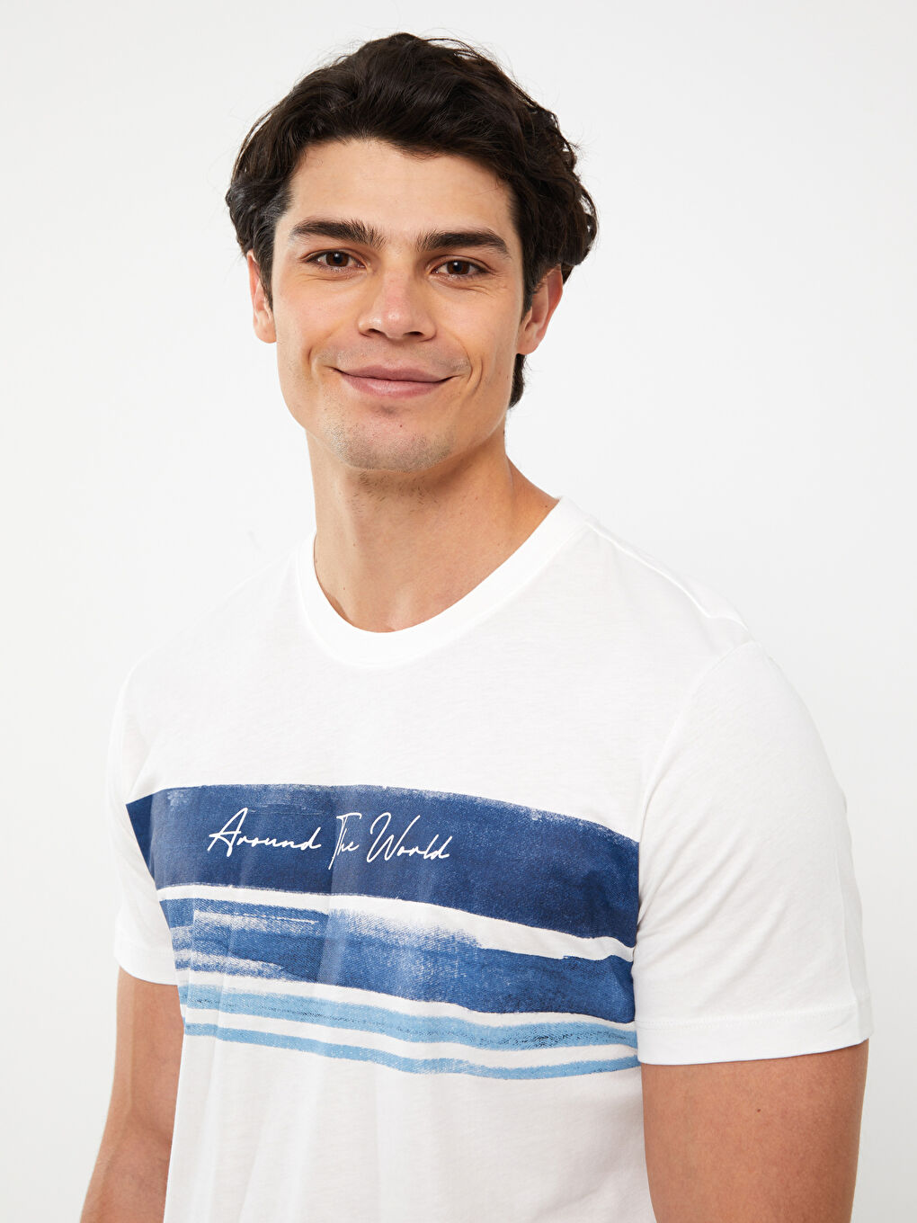 Beyaz Bisiklet Yaka Kısa Kollu Baskılı Penye Erkek Tişört-2