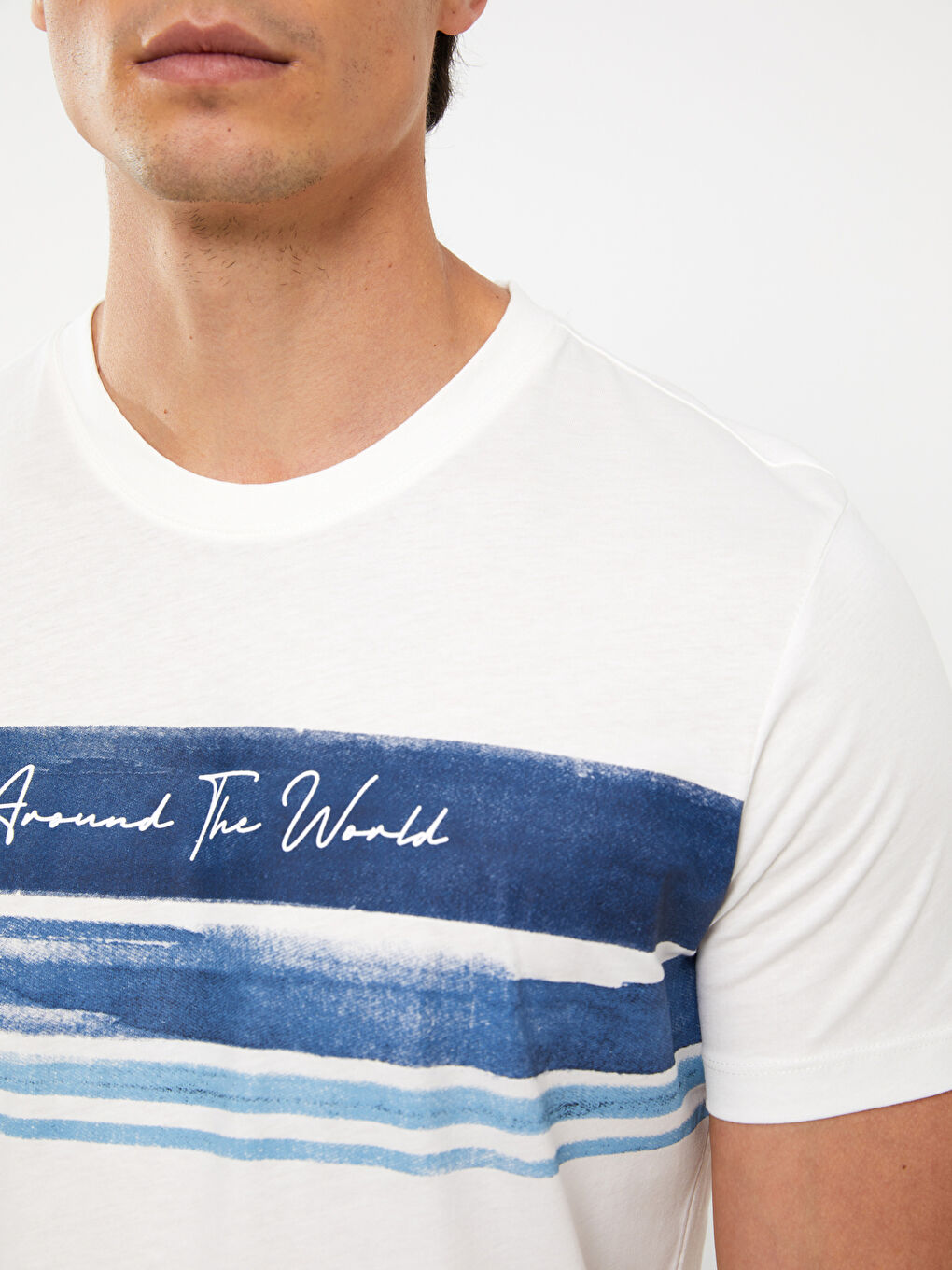 Beyaz Bisiklet Yaka Kısa Kollu Baskılı Penye Erkek Tişört-3