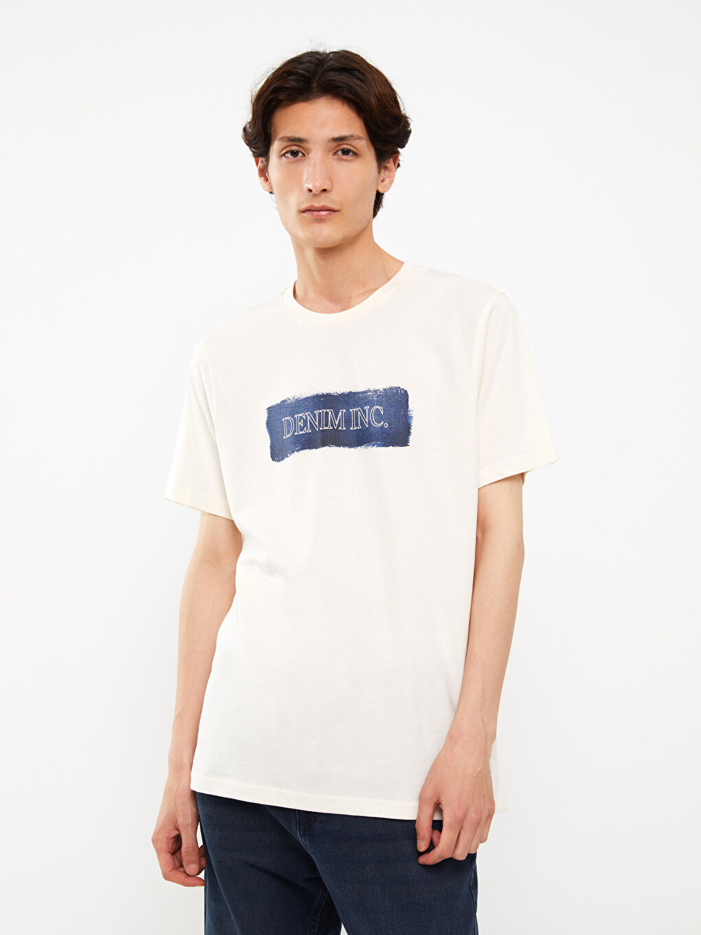 Ekru Bisiklet Yaka Kısa Kollu Baskılı Penye Erkek Tişört