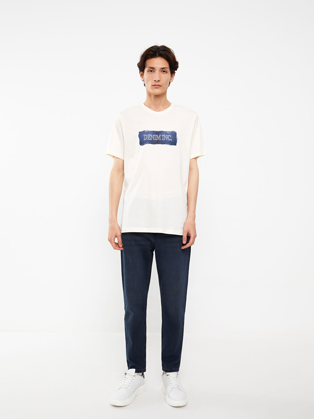 Ekru Bisiklet Yaka Kısa Kollu Baskılı Penye Erkek Tişört-2