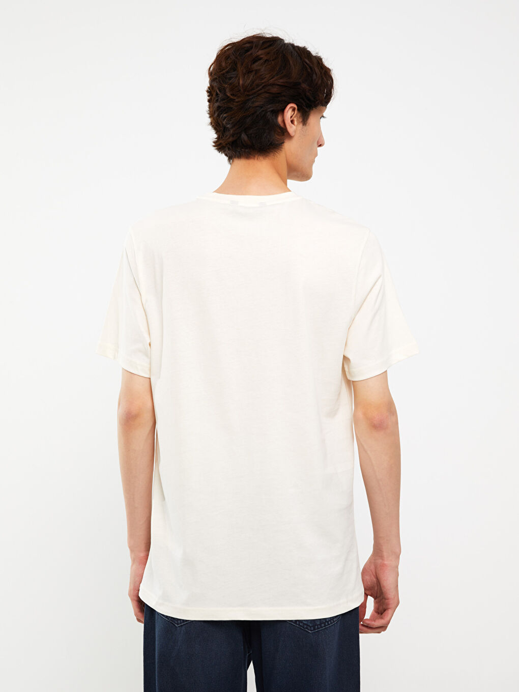 Ekru Bisiklet Yaka Kısa Kollu Baskılı Penye Erkek Tişört-4