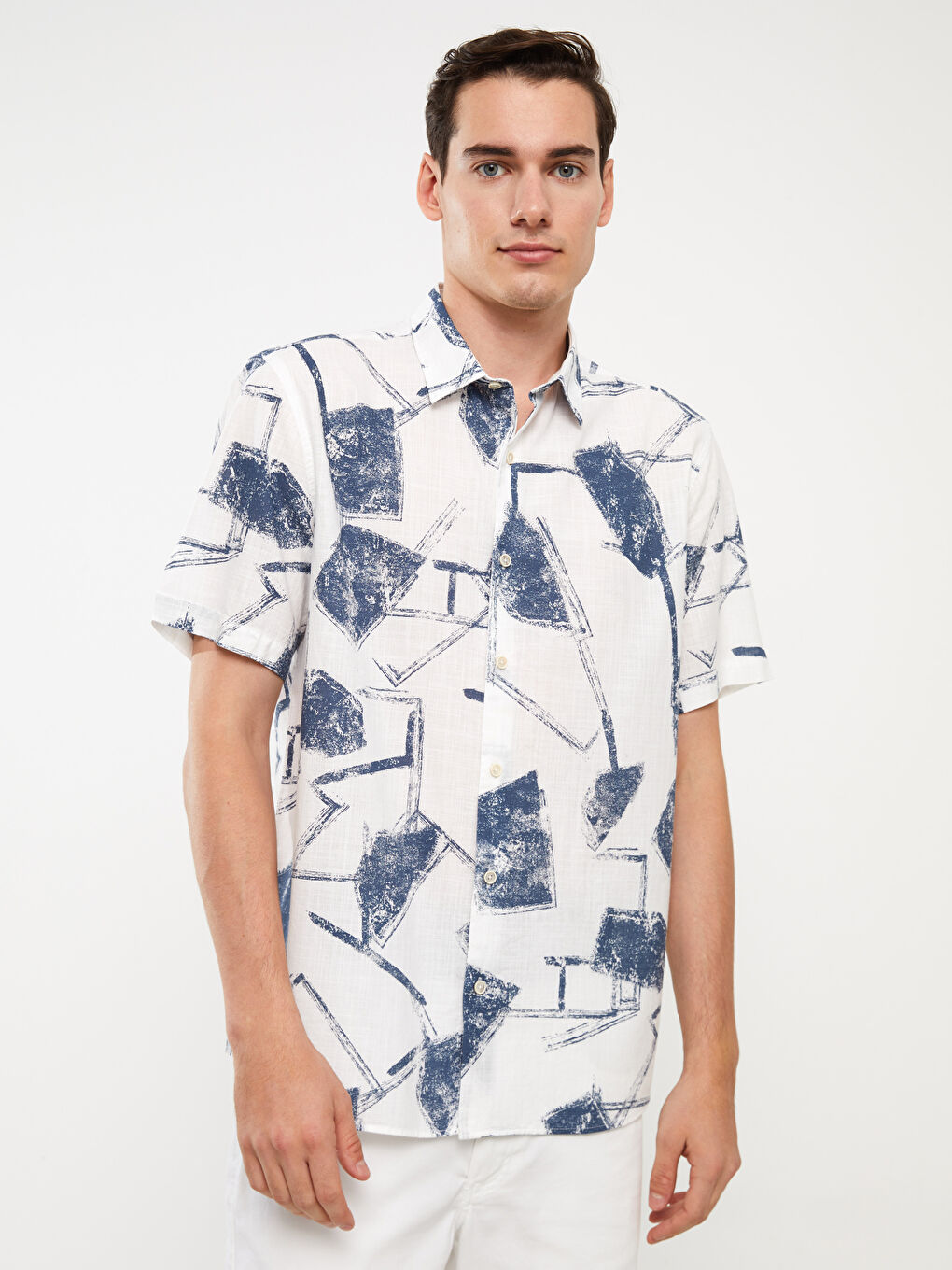 Lacivert Regular Fit Kısa Kollu Desenli Poplin Erkek Gömlek