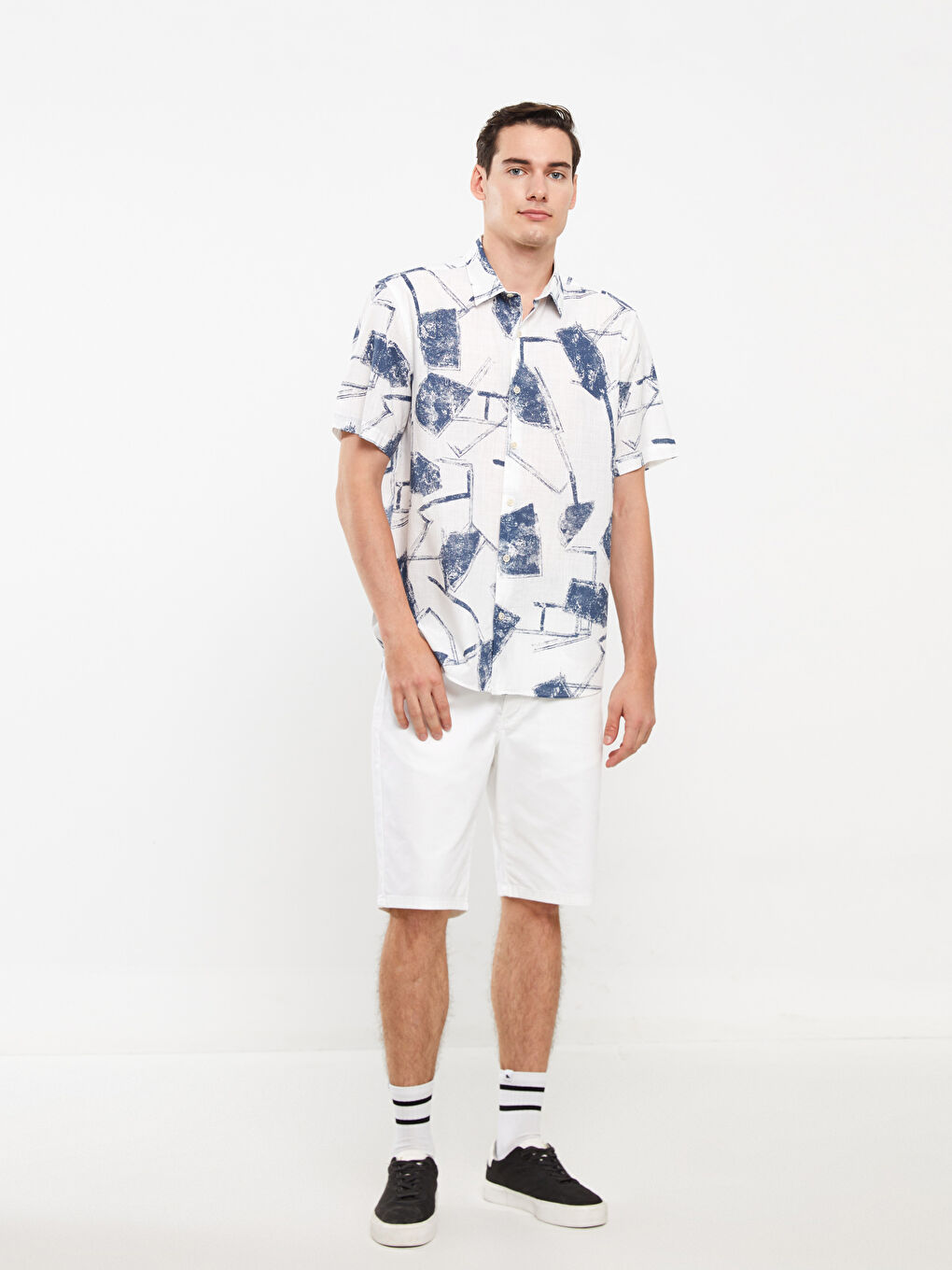 Lacivert Regular Fit Kısa Kollu Desenli Poplin Erkek Gömlek-1