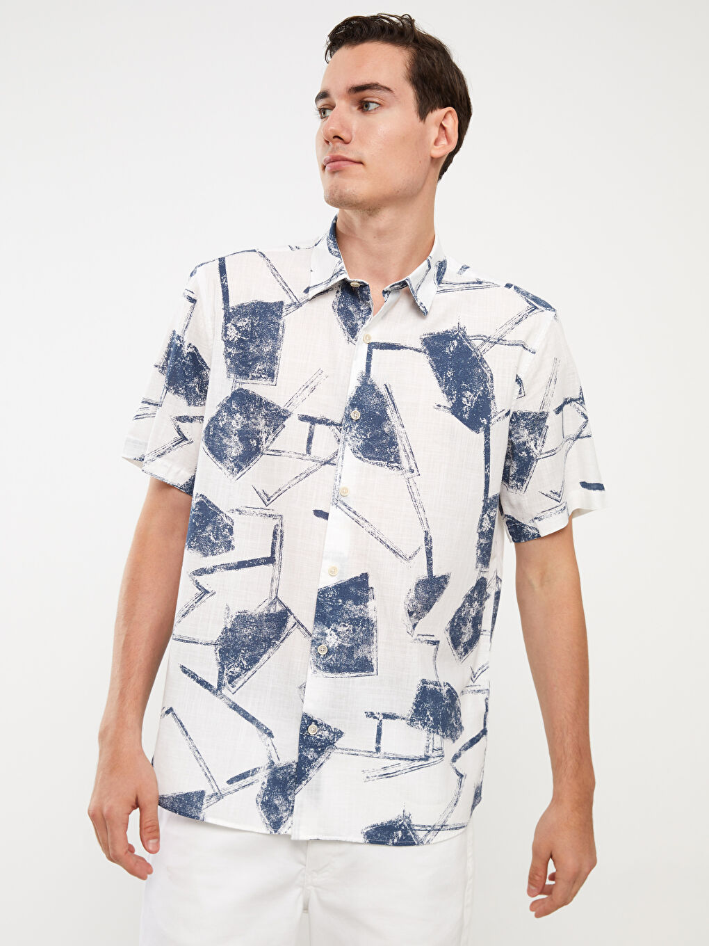 Lacivert Regular Fit Kısa Kollu Desenli Poplin Erkek Gömlek-2