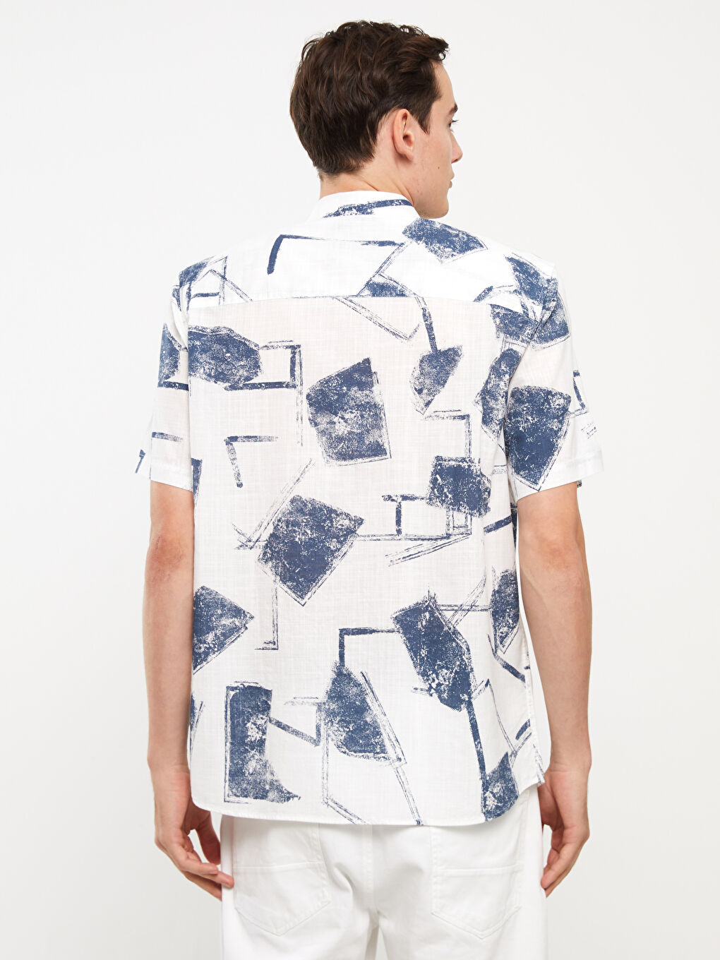 Lacivert Regular Fit Kısa Kollu Desenli Poplin Erkek Gömlek-4