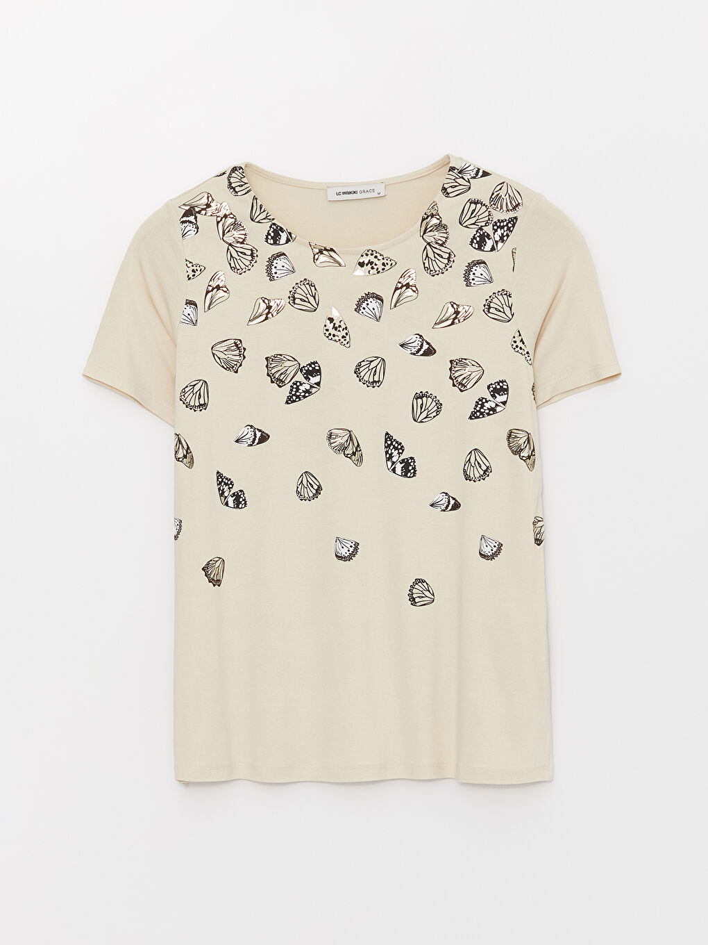 Bej Bisiklet Yaka Baskılı Kısa Kollu Kadın Tişört-6