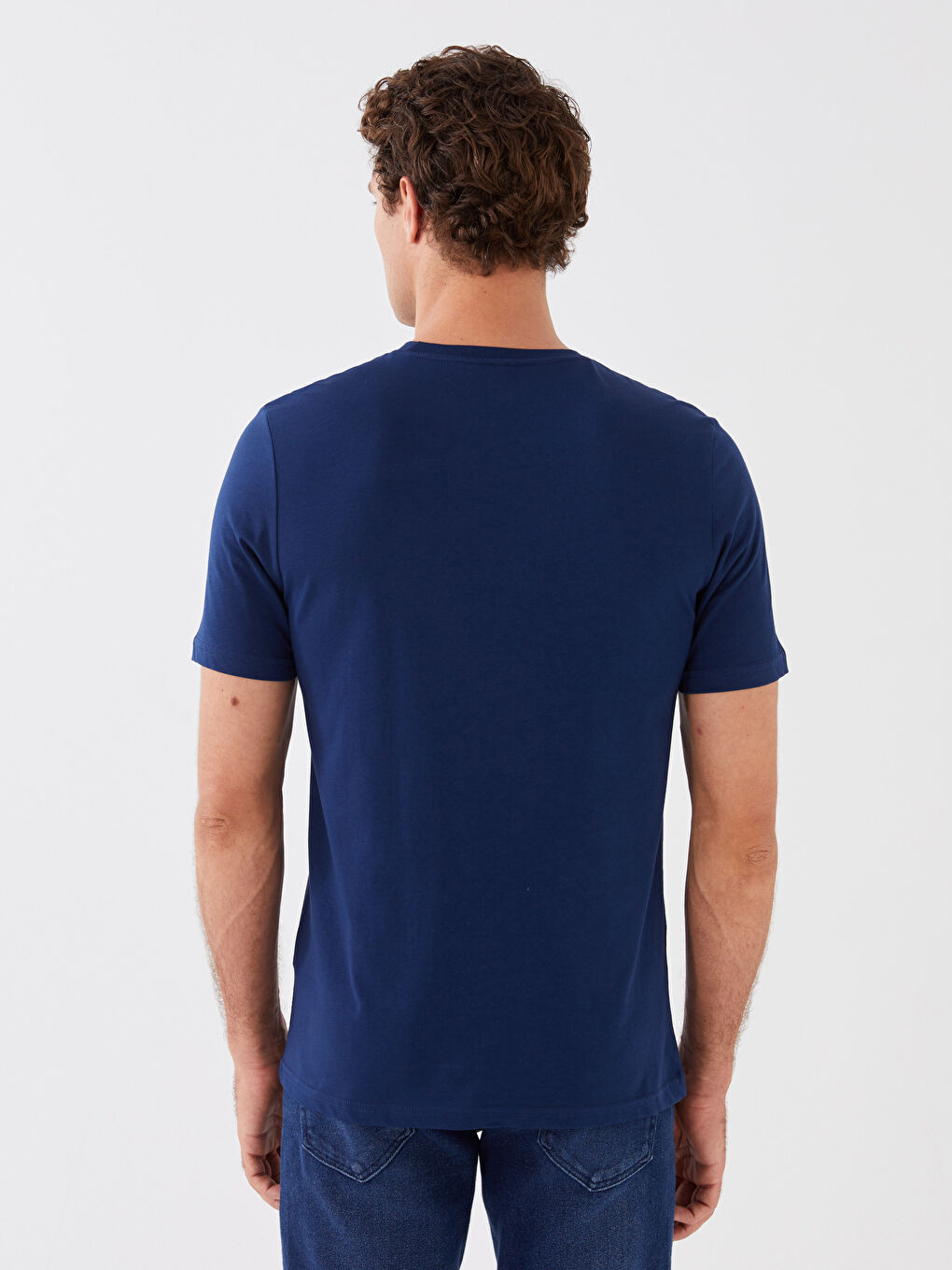 Lacivert Bisiklet Yaka Kısa Kollu Baskılı Penye Erkek Tişört-4
