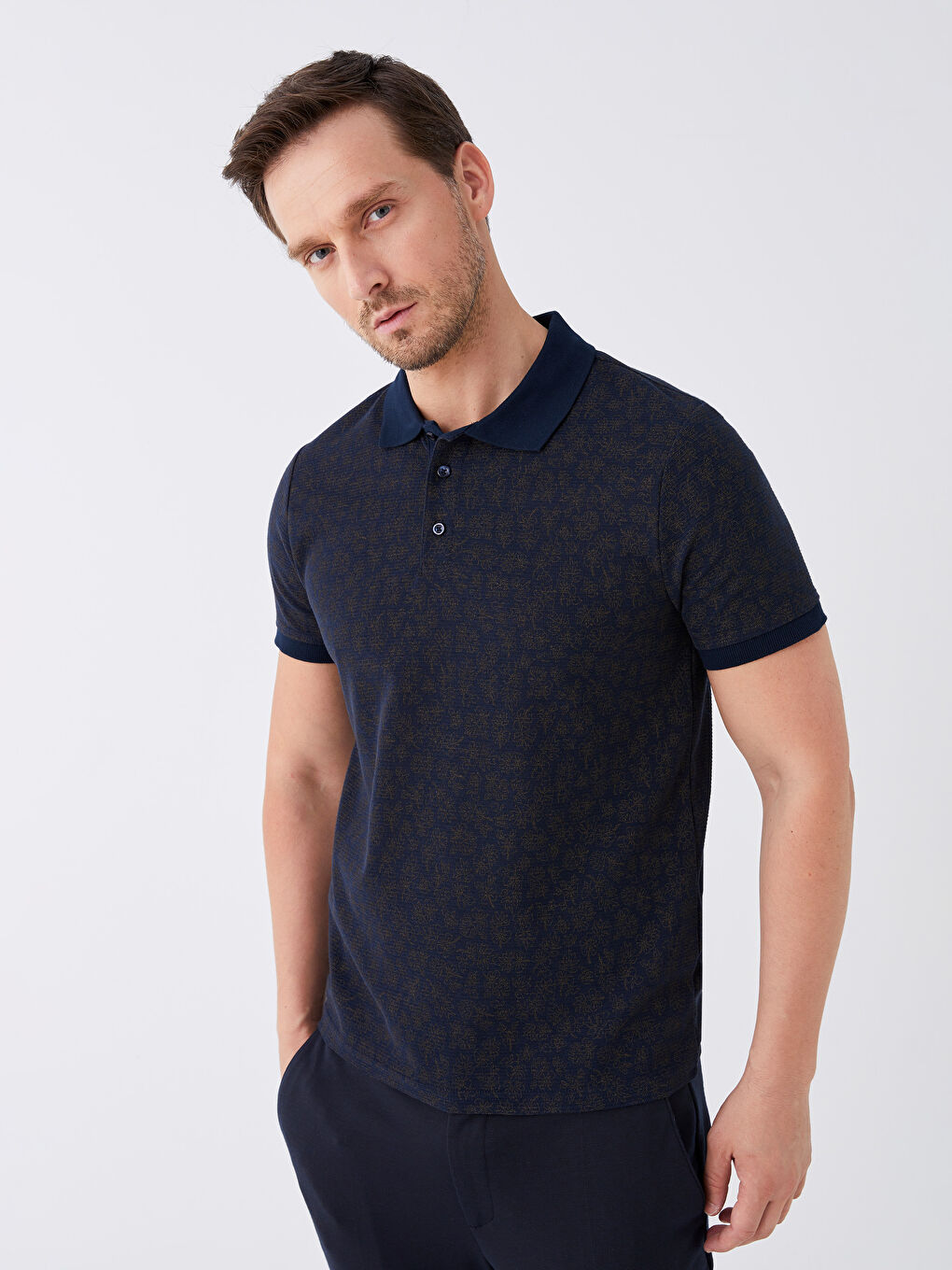 Lacivert Polo Yaka Kısa Kollu Desenli Erkek Tişört