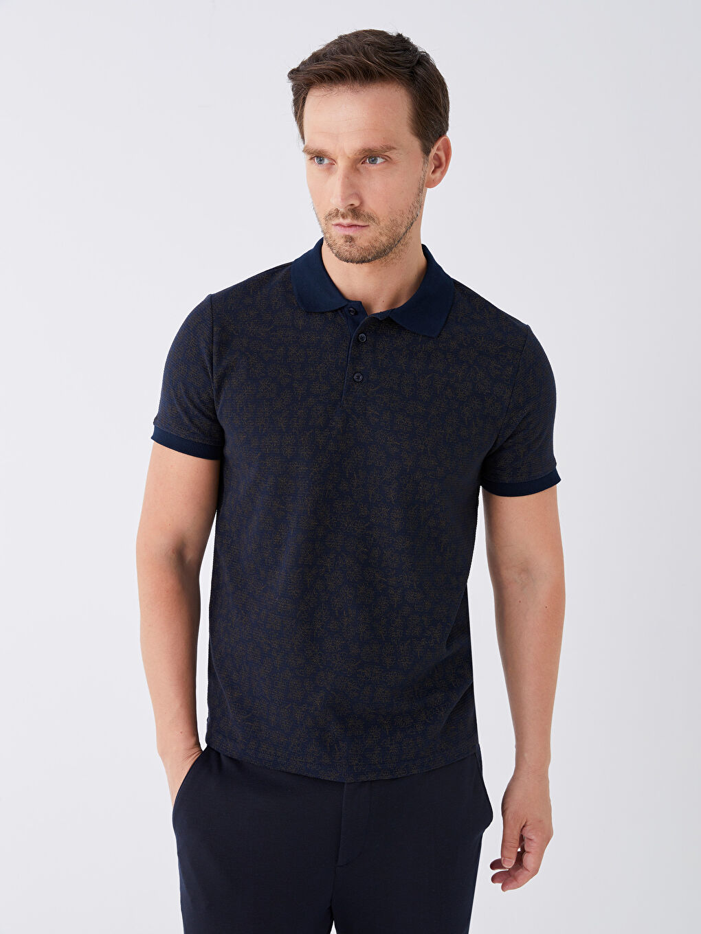 Lacivert Polo Yaka Kısa Kollu Desenli Erkek Tişört-1