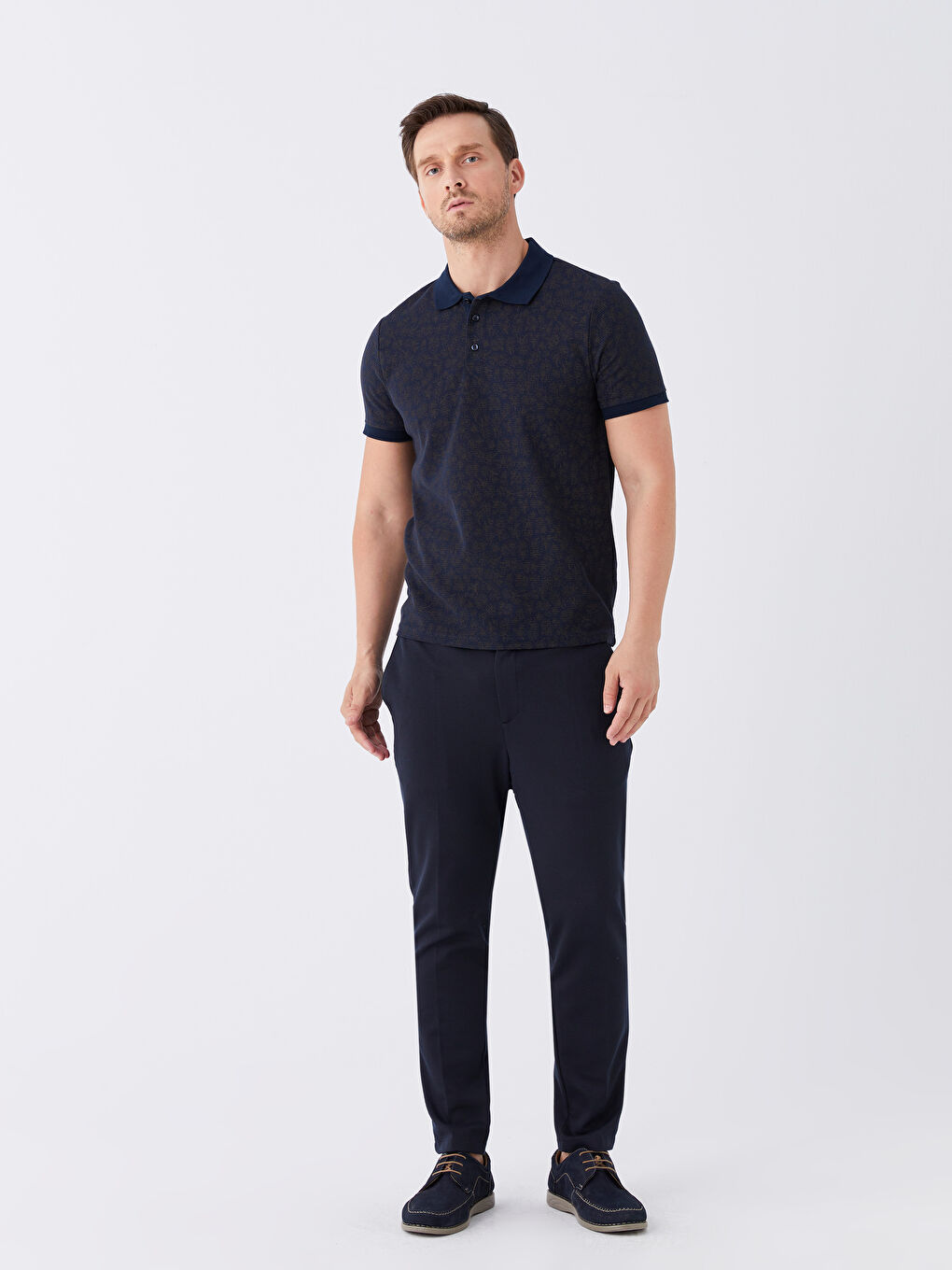 Lacivert Polo Yaka Kısa Kollu Desenli Erkek Tişört-2