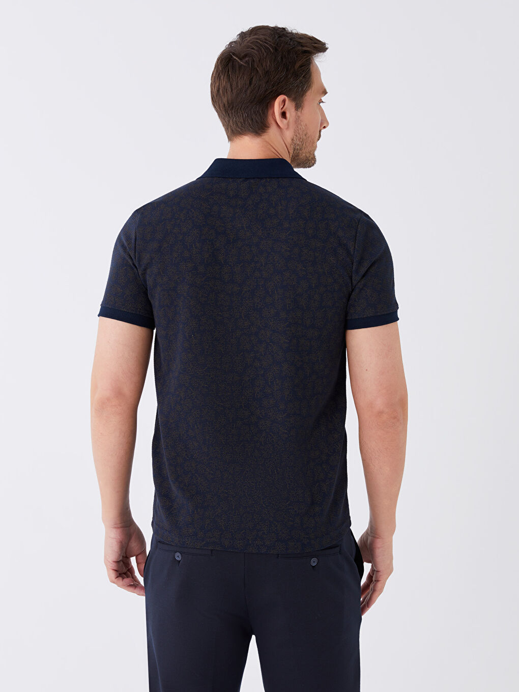 Lacivert Polo Yaka Kısa Kollu Desenli Erkek Tişört-4