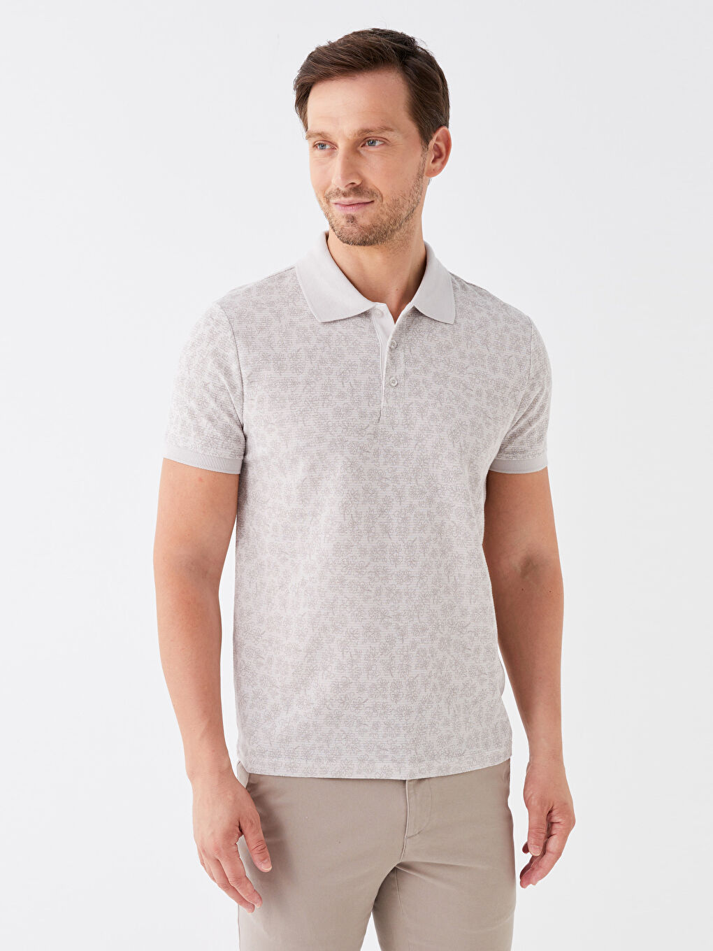 Gri Polo Yaka Kısa Kollu Desenli Erkek Tişört