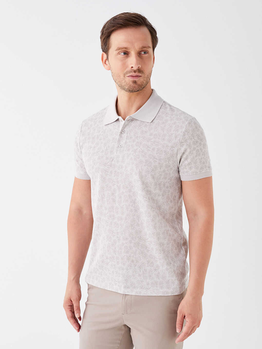 Gri Polo Yaka Kısa Kollu Desenli Erkek Tişört-1