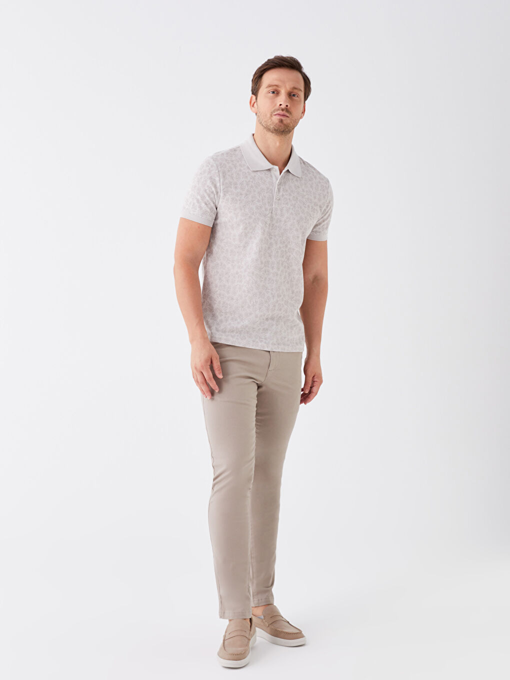 Gri Polo Yaka Kısa Kollu Desenli Erkek Tişört-2