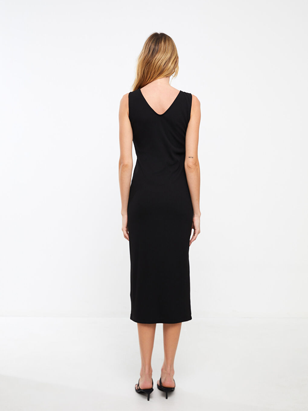 Siyah Kadın V Yaka Düz Elbise-4