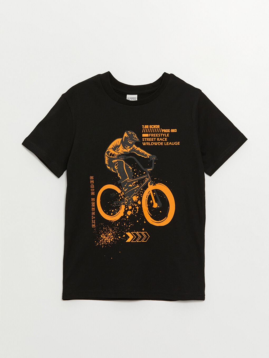 Siyah Bisiklet Yaka Baskılı Kısa Kollu Erkek Çocuk Tişört