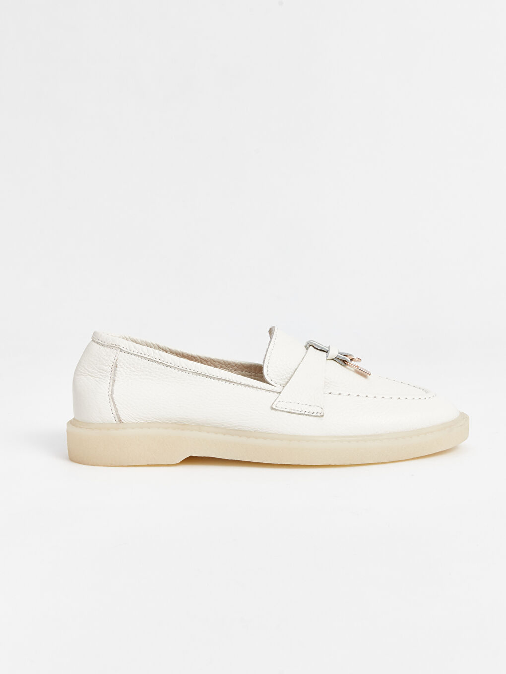 Bej Hakiki Deri Kadın Loafer Ayakkabı-1