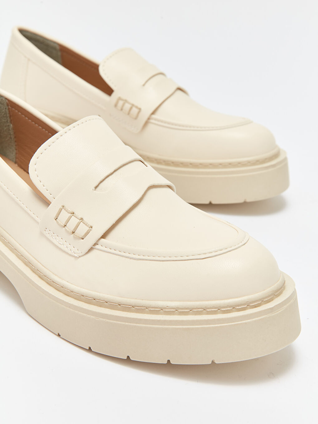 Ekru Kalın Taban Kadın Loafer Ayakkabı-2