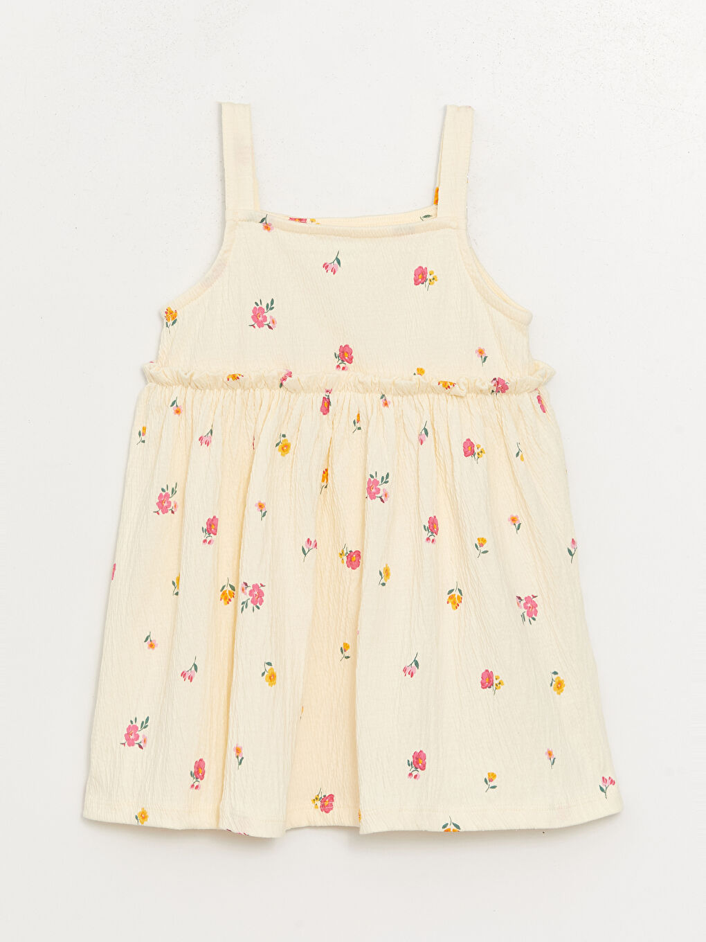 Ekru Kare Yaka Çiçekli Kız Bebek Elbise