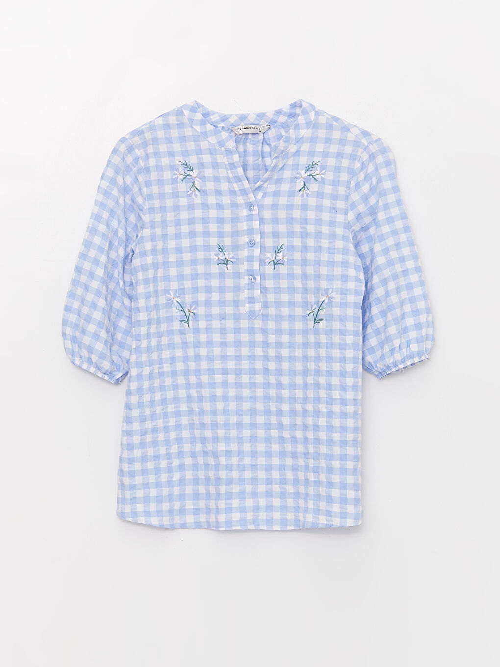 Mavi Kaçık Yaka Nakışlı Kadın Bluz-5