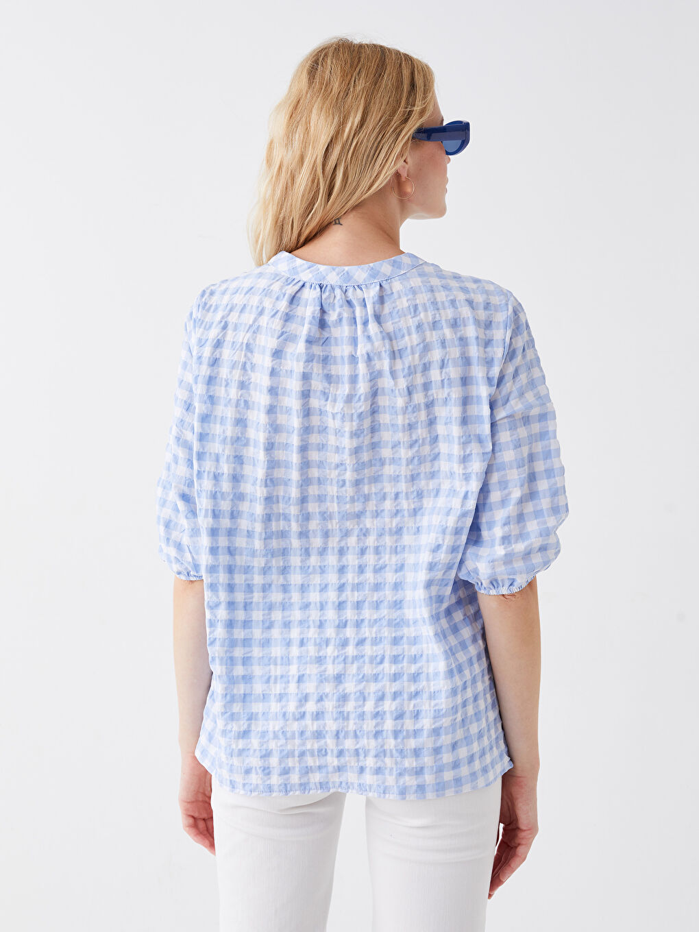 Mavi Kaçık Yaka Nakışlı Kadın Bluz-4