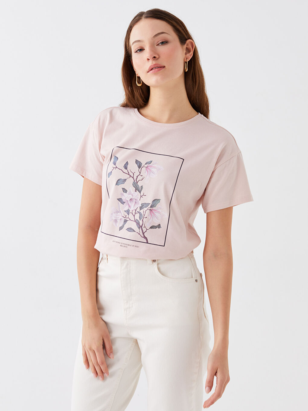 Pembe Bisiklet Yaka Baskılı Kısa Kollu Kadın Tişört