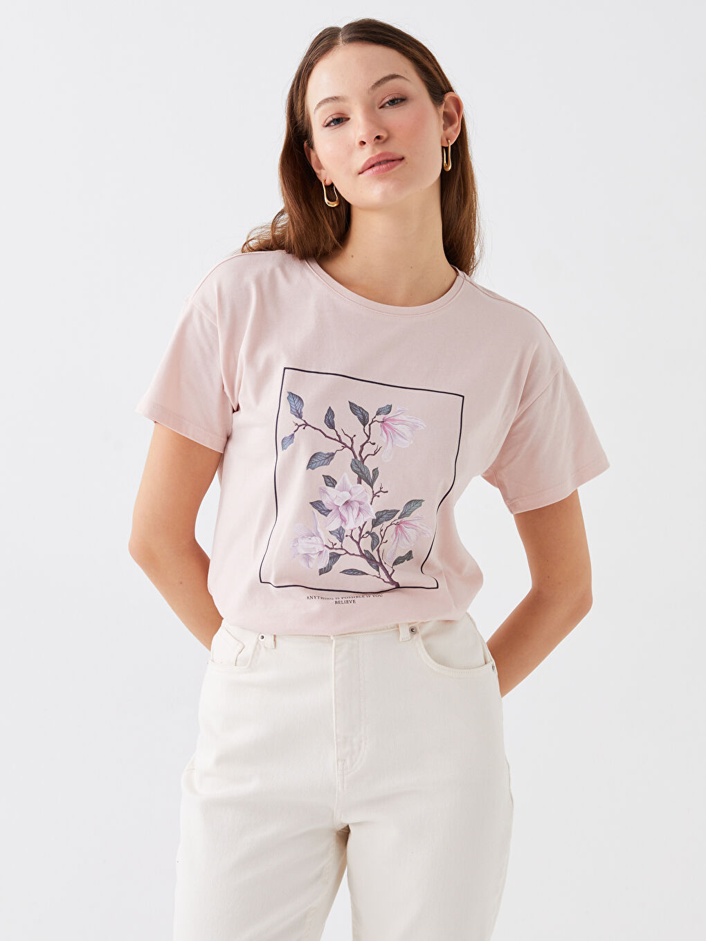 Pembe Bisiklet Yaka Baskılı Kısa Kollu Kadın Tişört-2