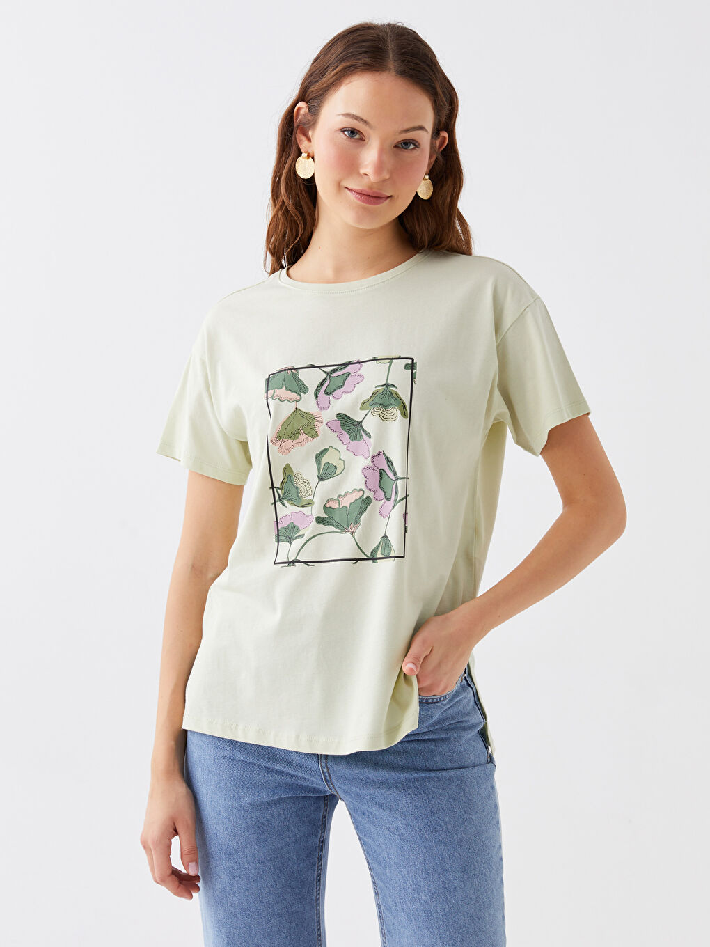 Yeşil Bisiklet Yaka Baskılı Kısa Kollu Kadın Tişört