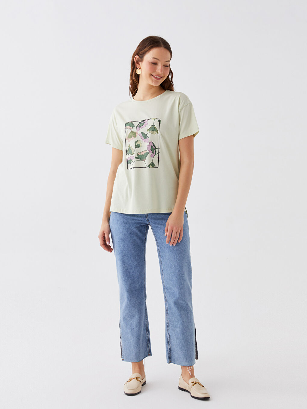 Yeşil Bisiklet Yaka Baskılı Kısa Kollu Kadın Tişört-1