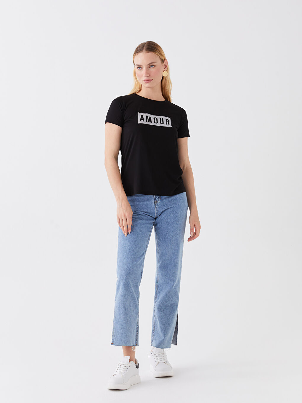 Siyah Bisiklet Yaka Baskılı Kısa Kollu Kadın Tişört-2