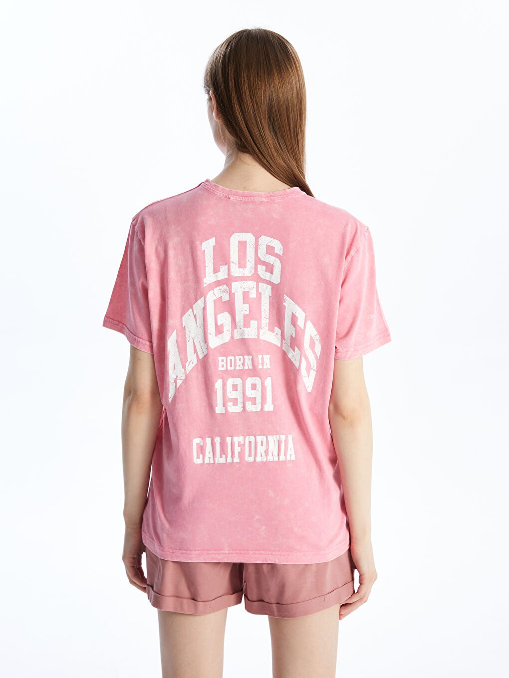 Pembe Bisiklet Yaka Baskılı Kadın Tişört-4