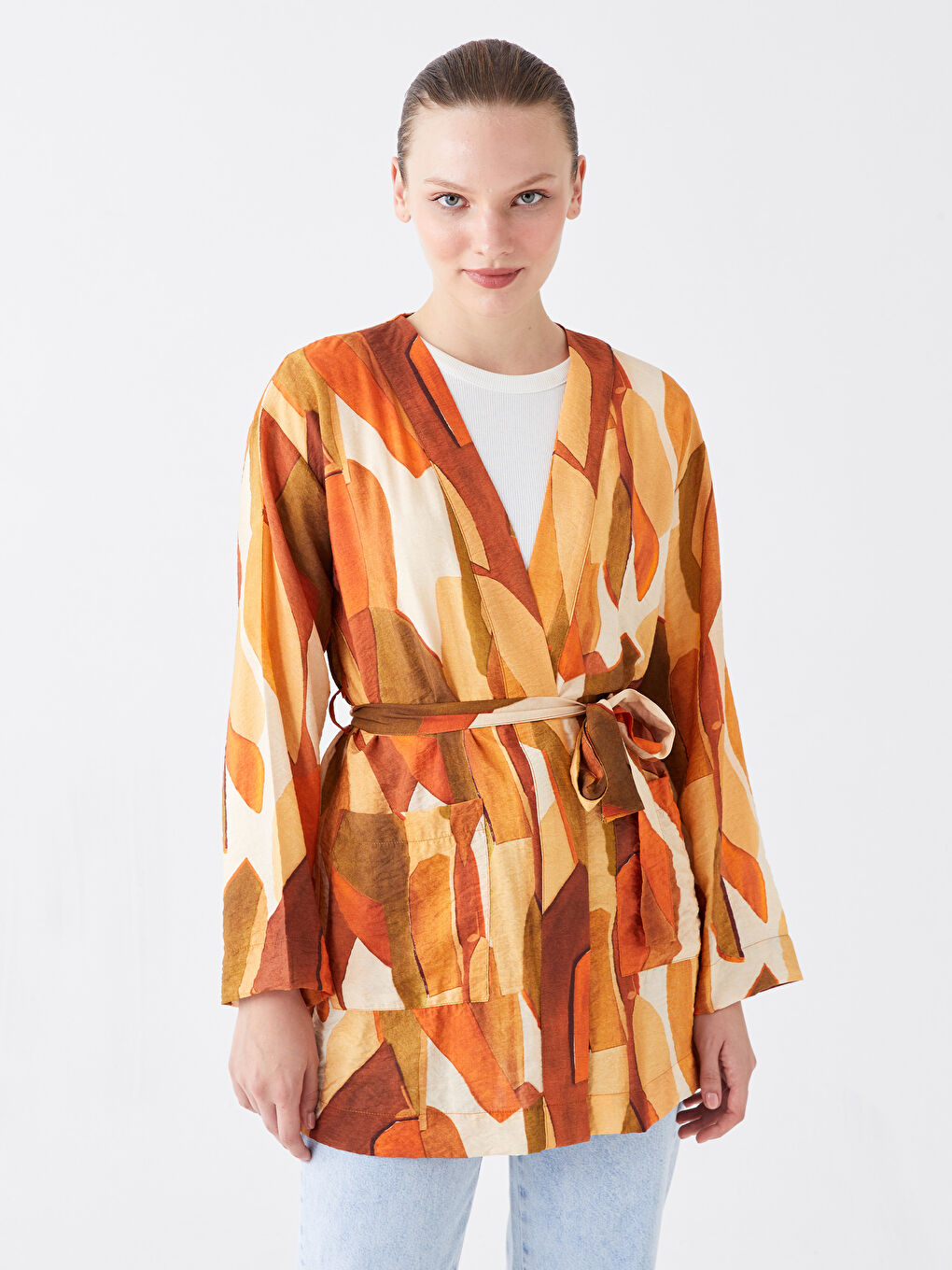 Shawl Collar Patterned Long Sleeve Women's Kimono -S3KA57Z8-LSR