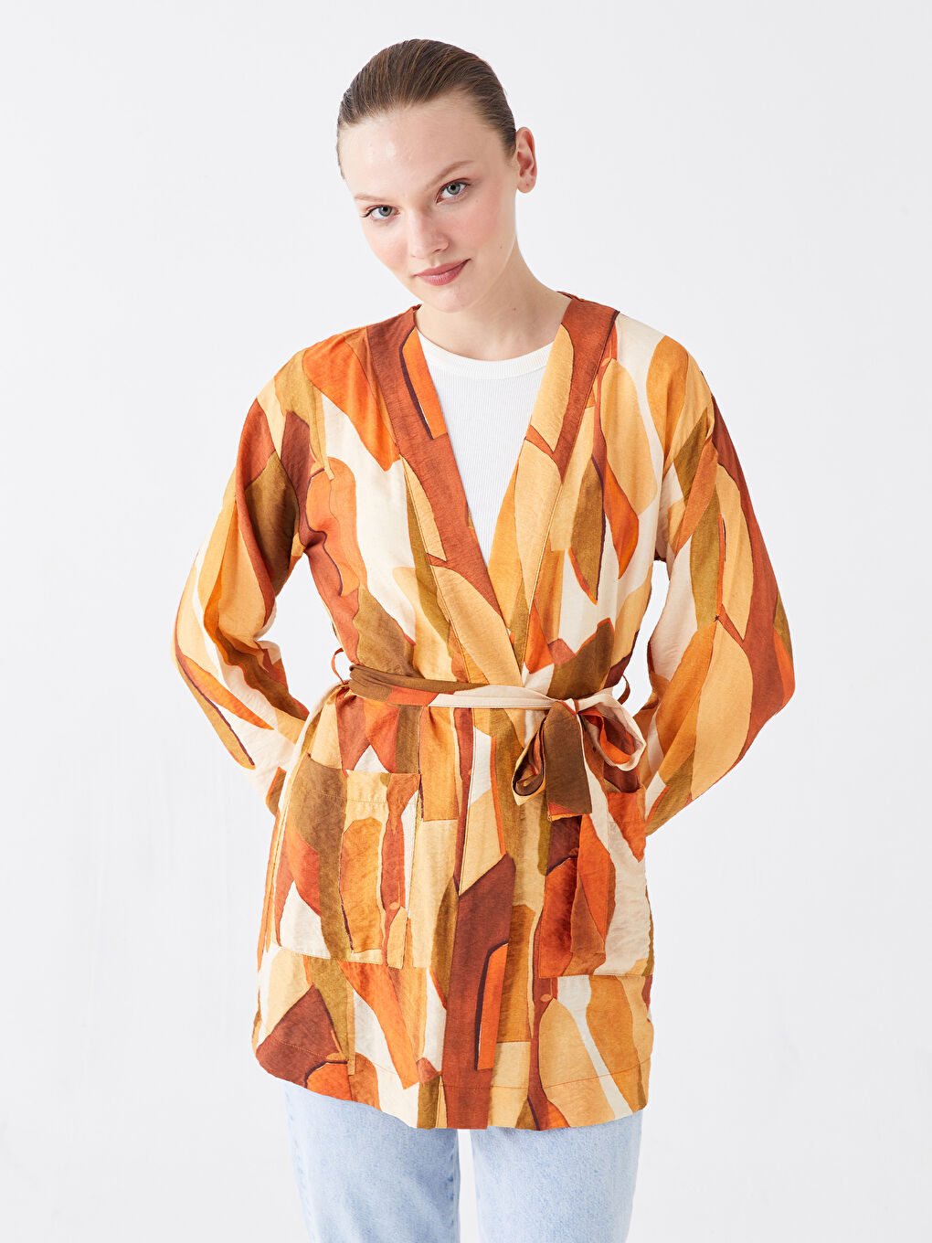 Shawl Collar Patterned Long Sleeve Women's Kimono -S3KA57Z8-LSR