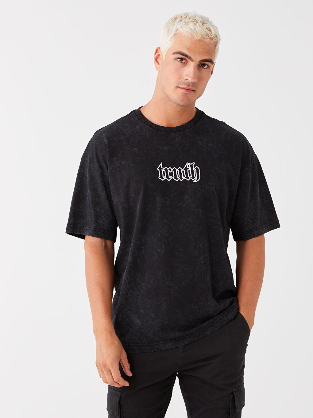 Antrasit Oversize Bisiklet Yaka Kısa Kollu Baskılı Penye Erkek Tişört