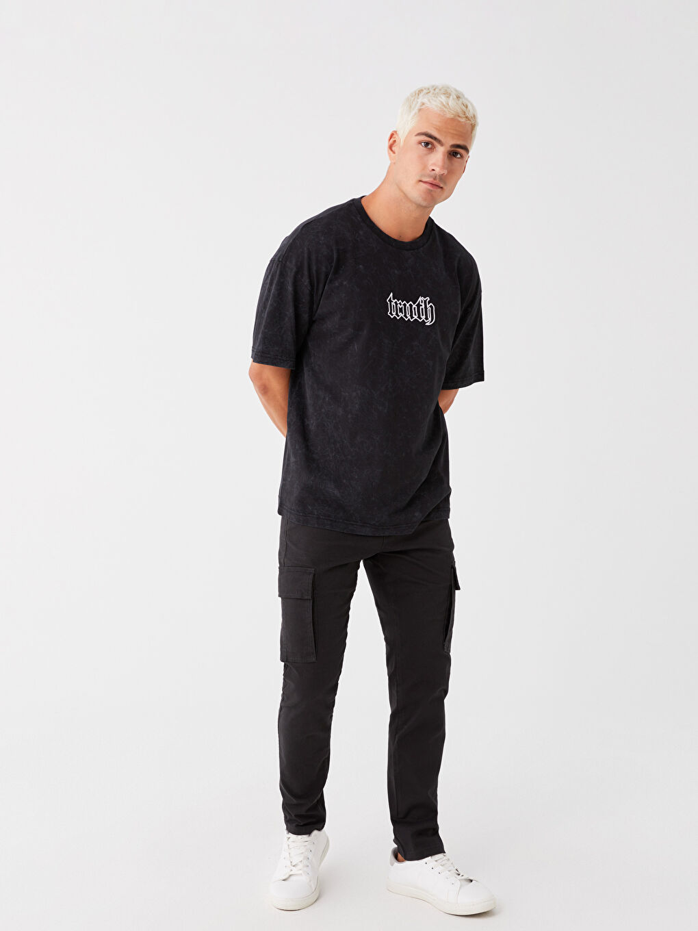 Antrasit Oversize Bisiklet Yaka Kısa Kollu Baskılı Penye Erkek Tişört-1