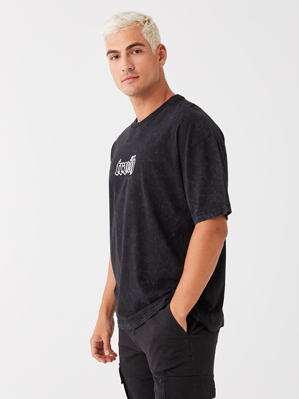 Antrasit Oversize Bisiklet Yaka Kısa Kollu Baskılı Penye Erkek Tişört-2