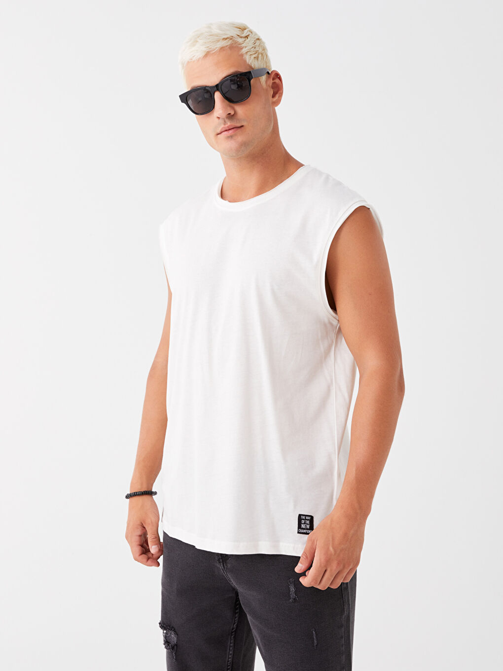 Beyaz Bisiklet Yaka Penye Erkek Kolsuz Tişört