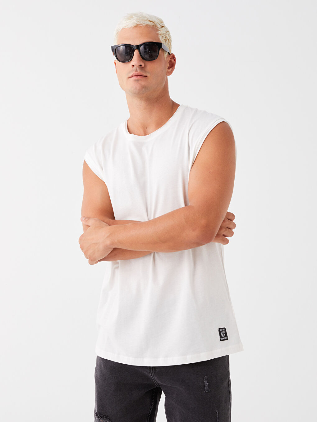 Beyaz Bisiklet Yaka Penye Erkek Kolsuz Tişört-2