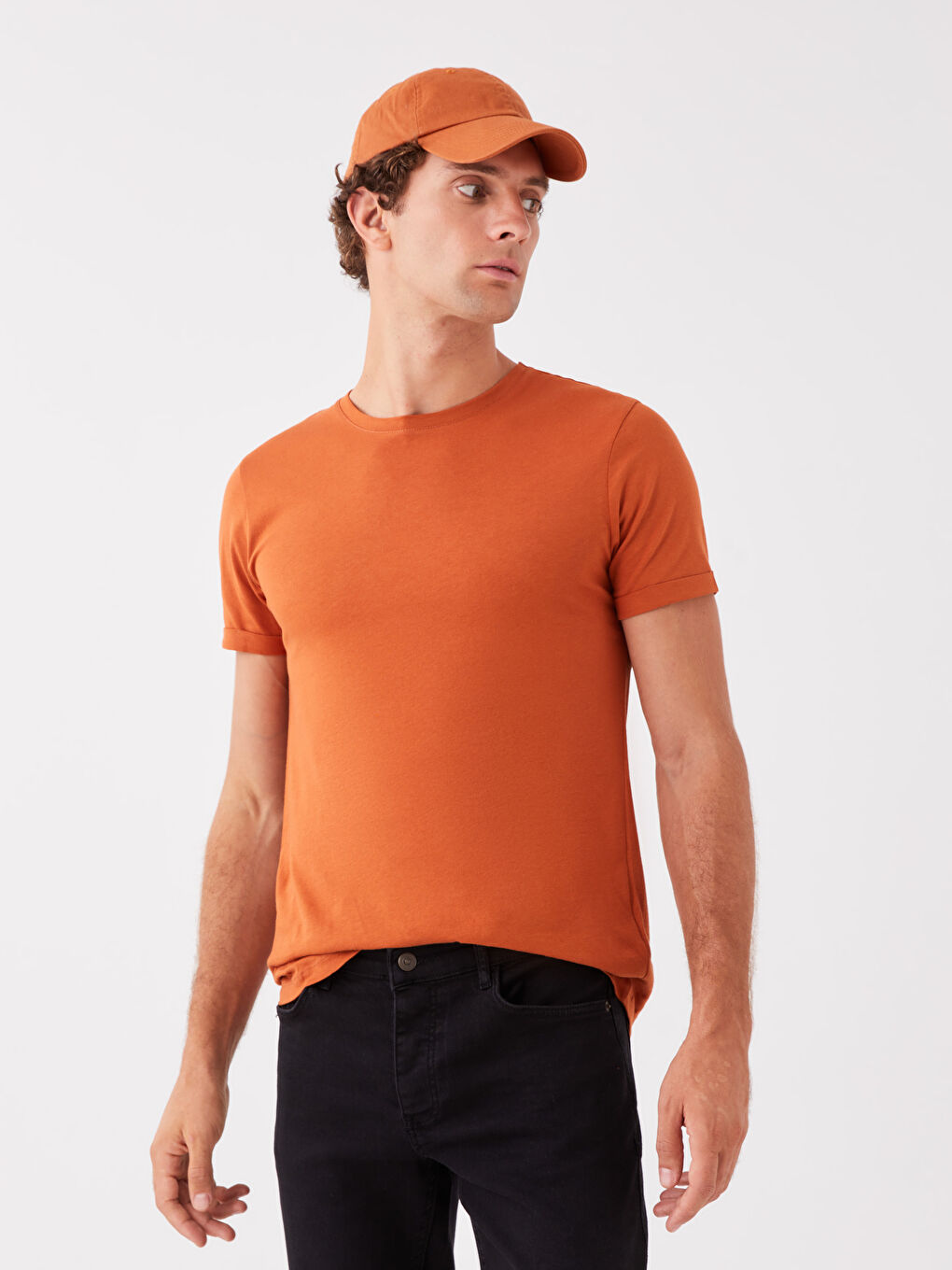 Turuncu Bisiklet Yaka Kısa Kollu Erkek Tişört