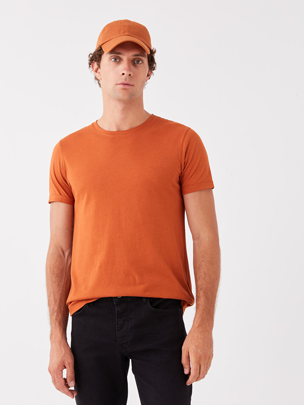 Turuncu Bisiklet Yaka Kısa Kollu Erkek Tişört-1