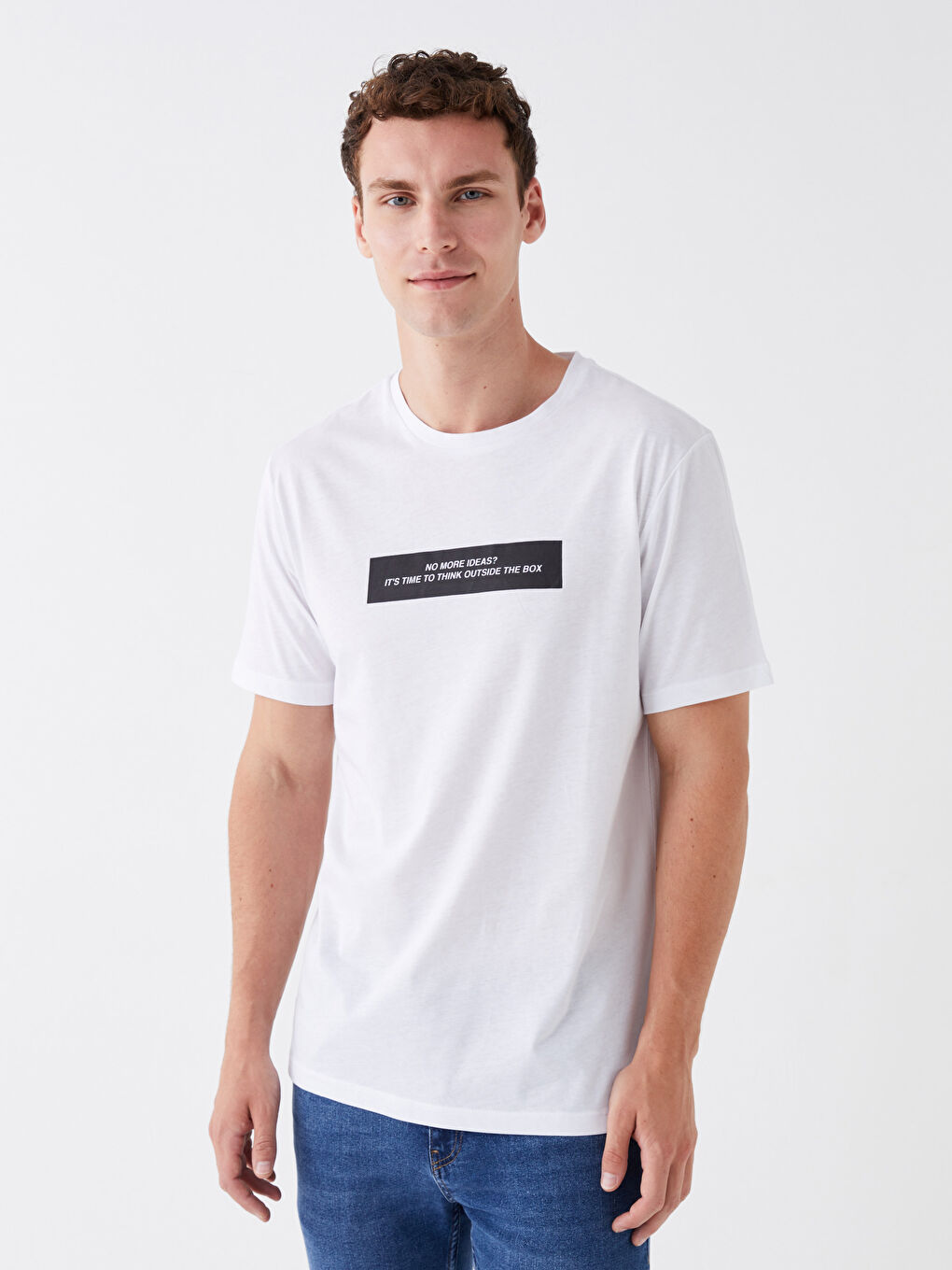 Beyaz Bisiklet Yaka Kısa Kollu Baskılı Penye Erkek Tişört-1