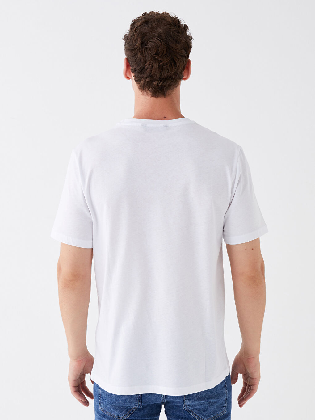 Beyaz Bisiklet Yaka Kısa Kollu Baskılı Penye Erkek Tişört-4