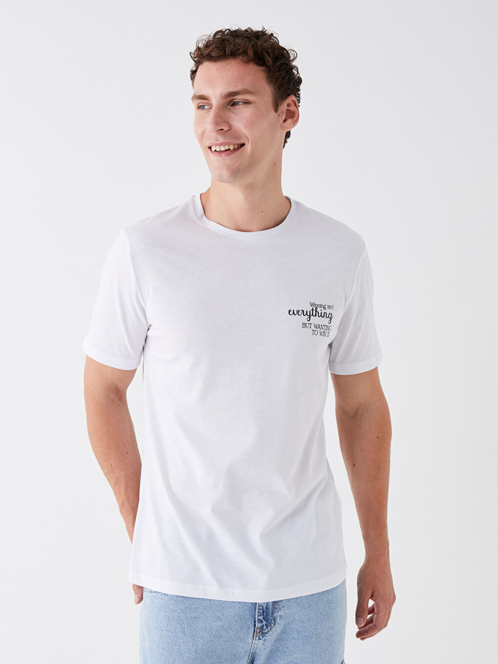 Beyaz Bisiklet Yaka Kısa Kollu Baskılı Penye Erkek Tişört-1