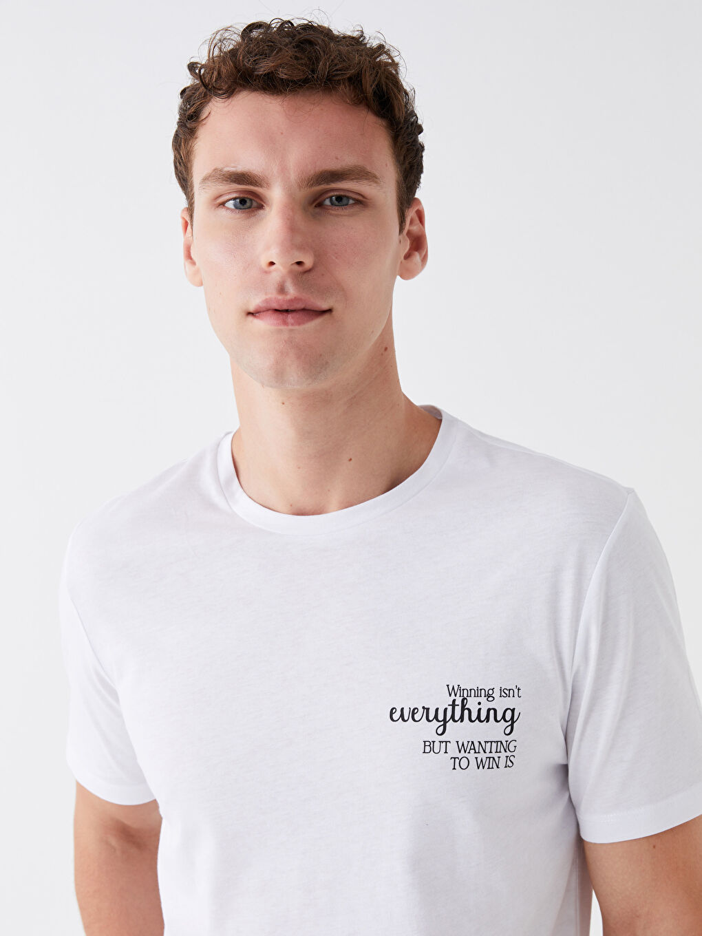 Beyaz Bisiklet Yaka Kısa Kollu Baskılı Penye Erkek Tişört-3