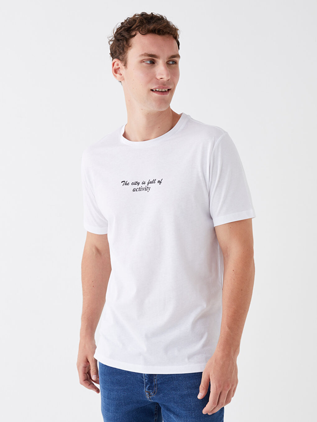 Beyaz Bisiklet Yaka Kısa Kollu Baskılı Penye Erkek Tişört