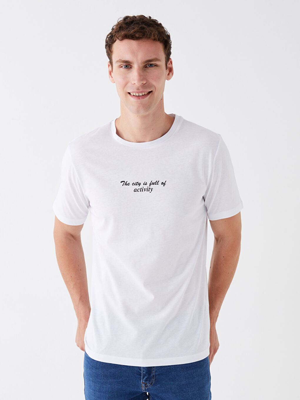 Beyaz Bisiklet Yaka Kısa Kollu Baskılı Penye Erkek Tişört-1