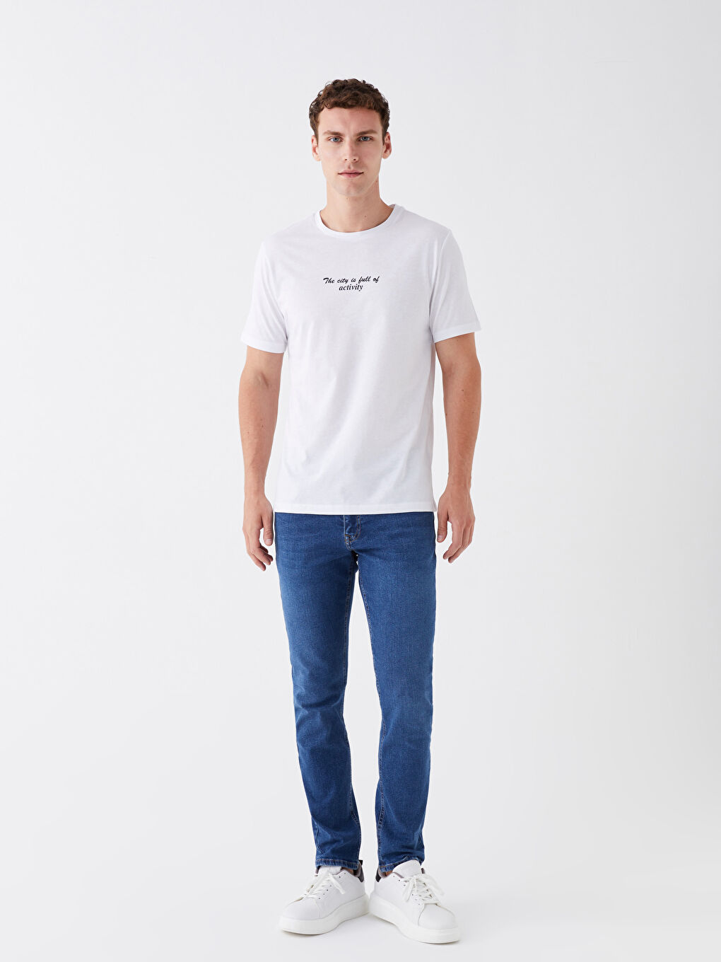 Beyaz Bisiklet Yaka Kısa Kollu Baskılı Penye Erkek Tişört-2